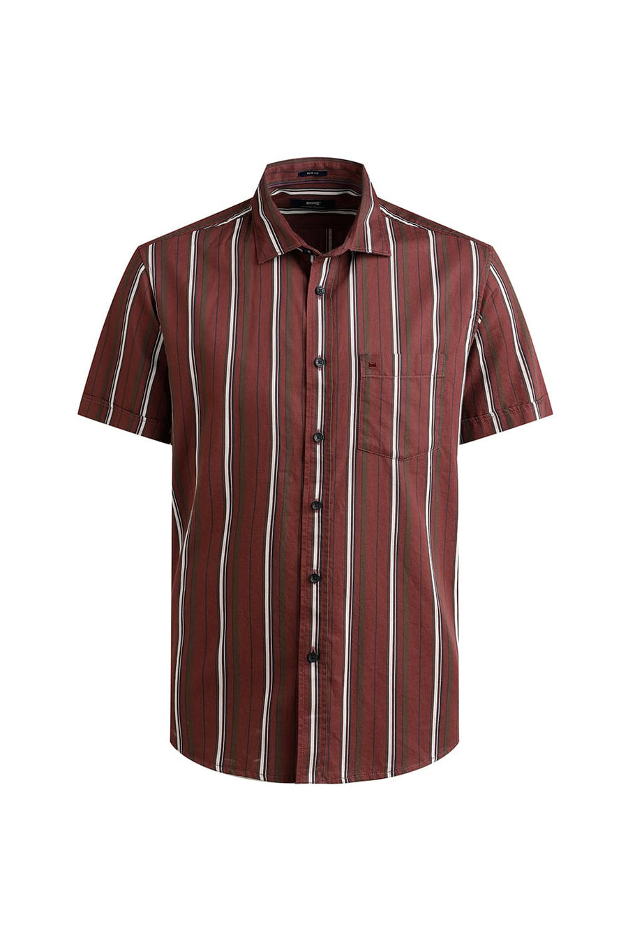 BASICS SLIM FIT RUSSET RED TWILL STRIPE HALFSLEEVES SHIRT