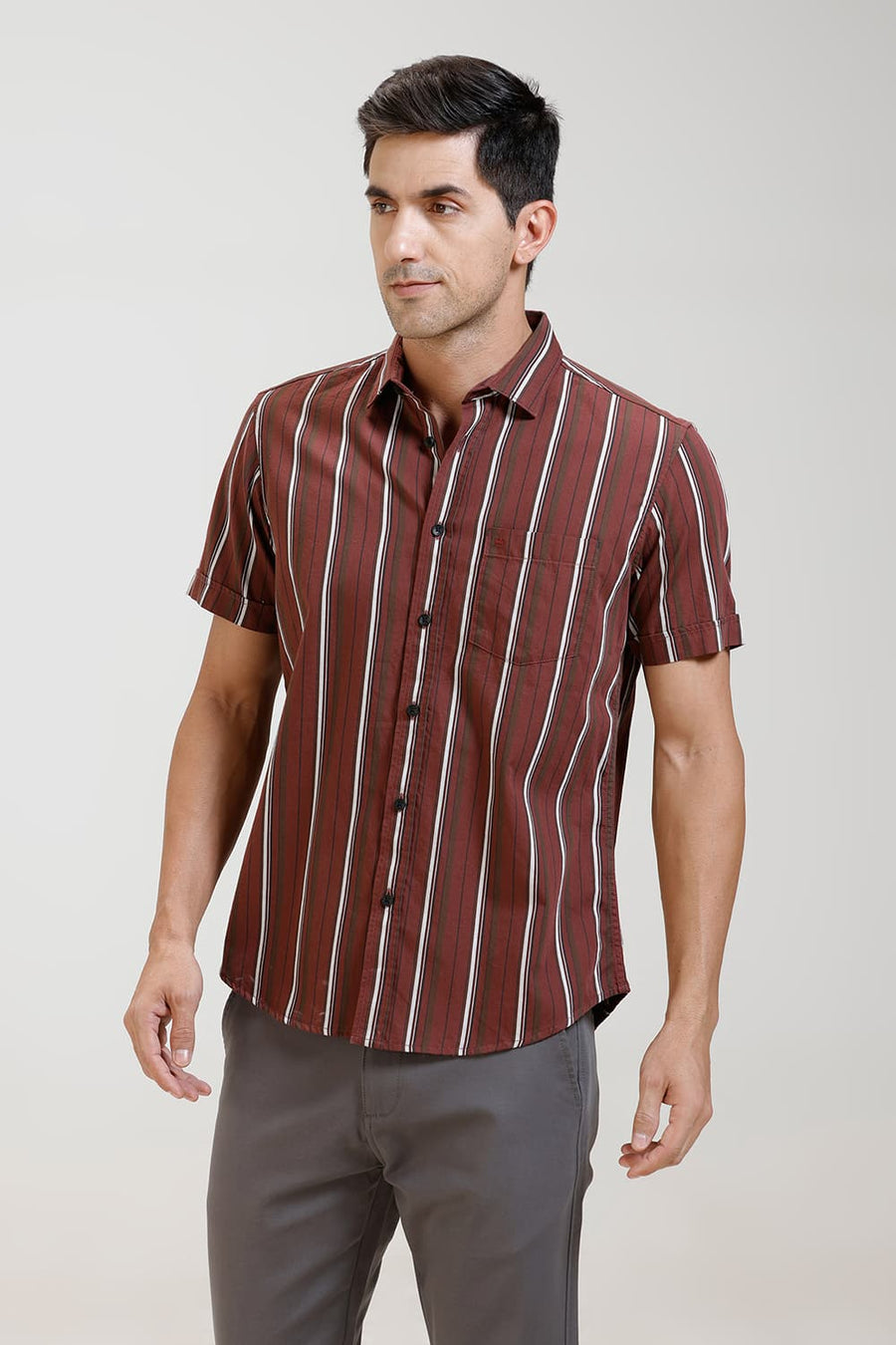 BASICS SLIM FIT RUSSET RED TWILL STRIPE HALFSLEEVES SHIRT