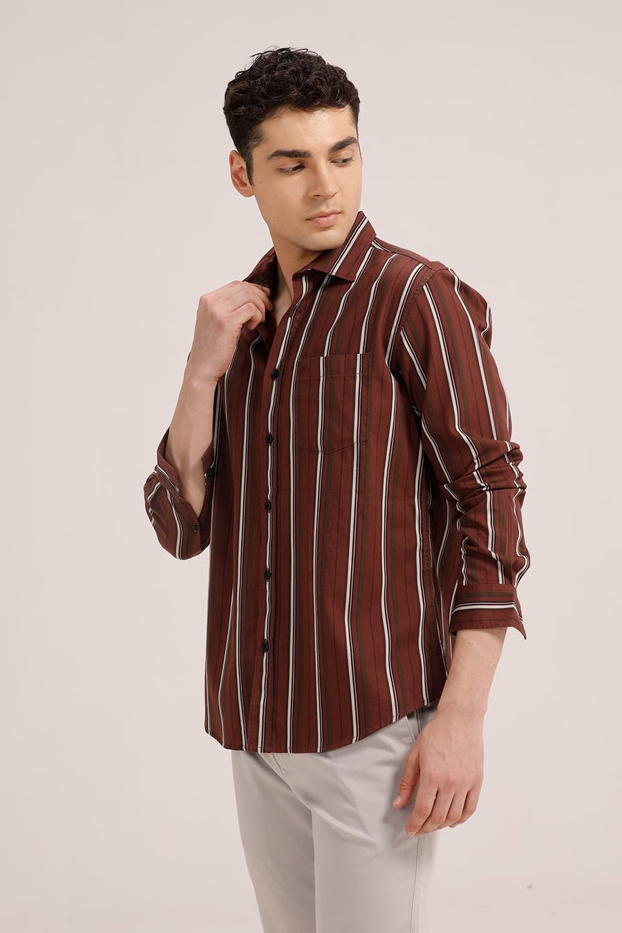 BASICS SLIM FIT RUSSET RED TWILL STRIPE SHIRT