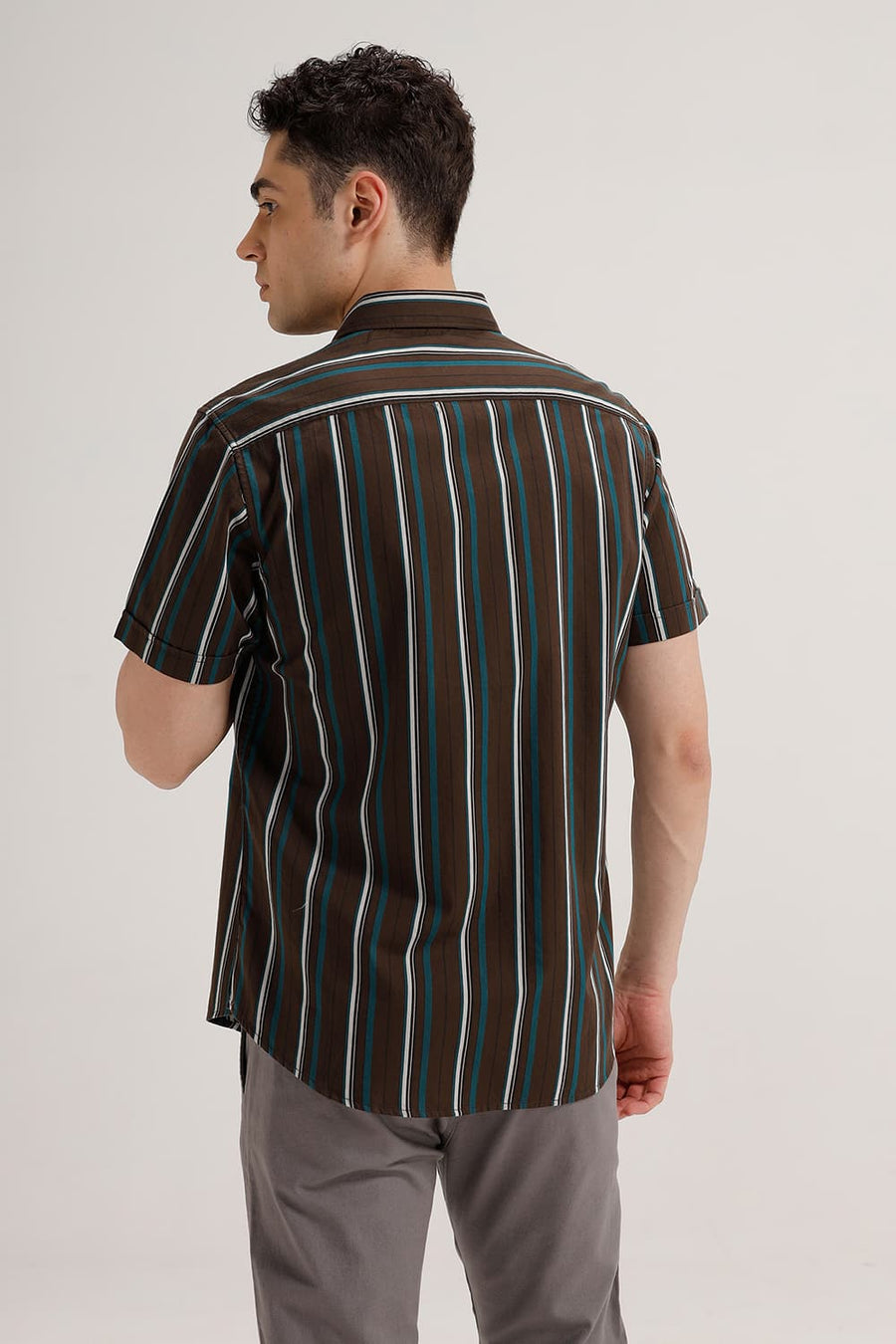 BASICS SLIM FIT DEEP OLIVE TWILL STRIPE HALFSLEEVES SHIRT
