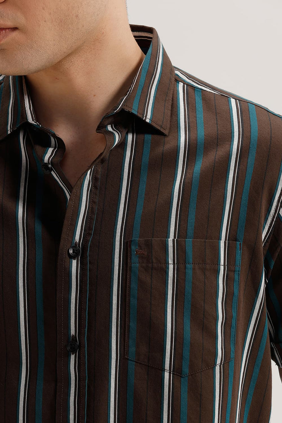 BASICS SLIM FIT DEEP OLIVE TWILL STRIPE HALFSLEEVES SHIRT