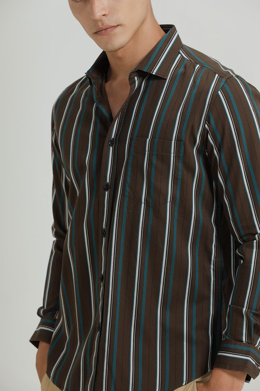 BASICS SLIM FIT DEEP OLIVE TWILL STRIPE SHIRT