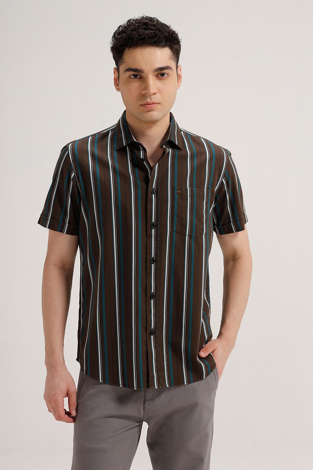 SLIM FIT TWILL STRIPE HALFSLEEVES SHIRT