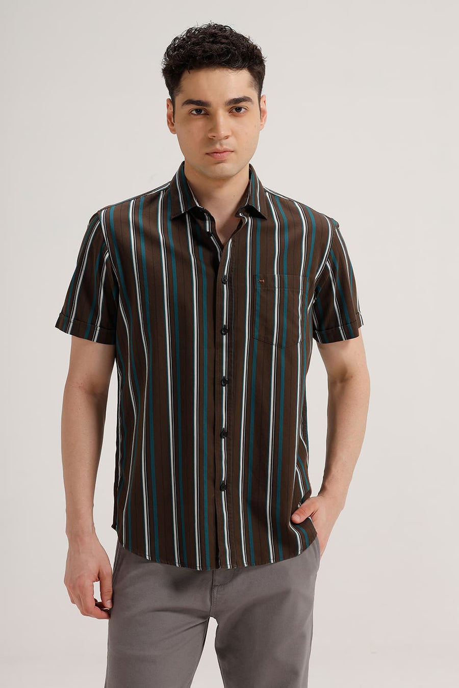 BASICS SLIM FIT DEEP OLIVE TWILL STRIPE HALFSLEEVES SHIRT