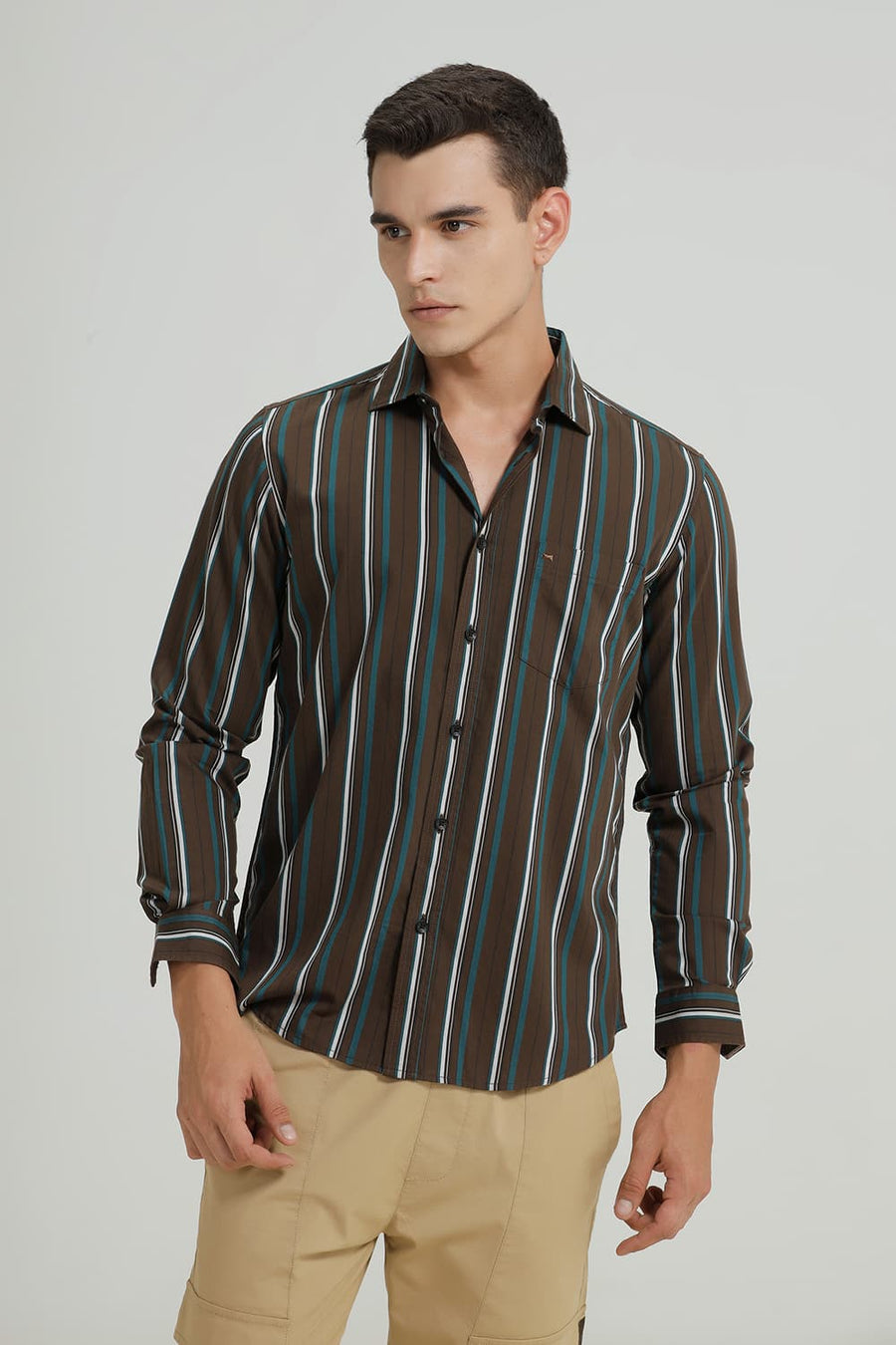 BASICS SLIM FIT DEEP OLIVE TWILL STRIPE SHIRT