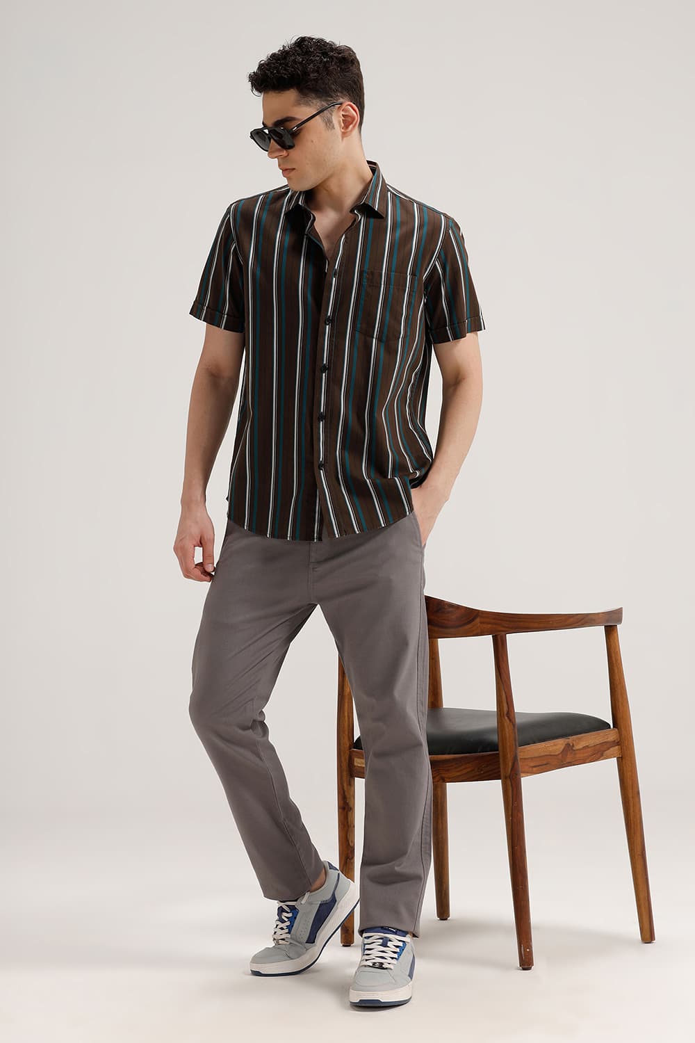 SLIM FIT TWILL STRIPE HALFSLEEVES SHIRT