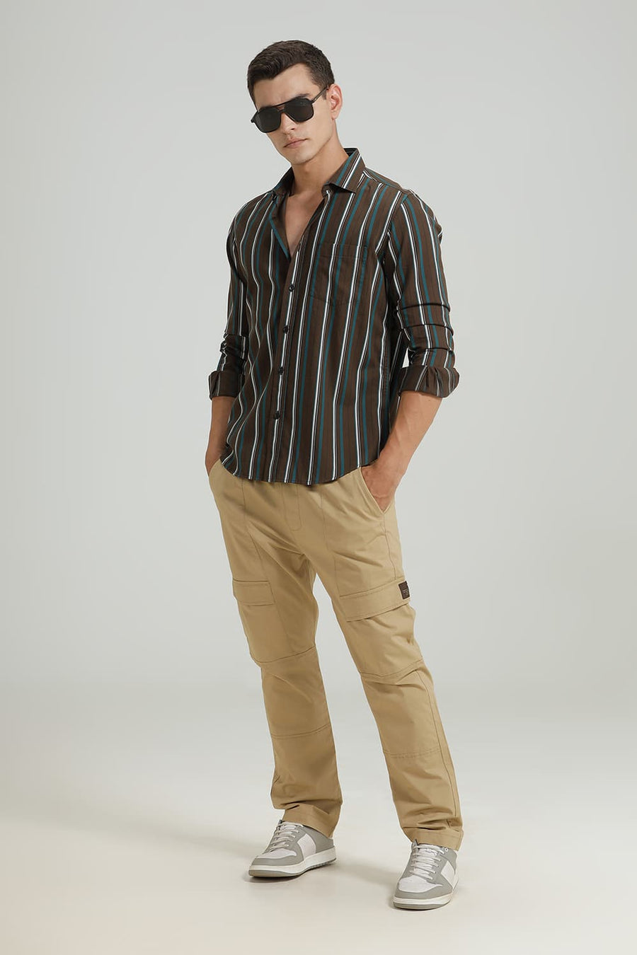 BASICS SLIM FIT DEEP OLIVE TWILL STRIPE SHIRT