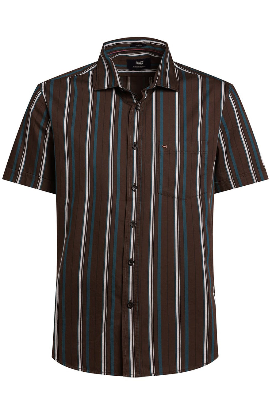 BASICS SLIM FIT DEEP OLIVE TWILL STRIPE HALFSLEEVES SHIRT