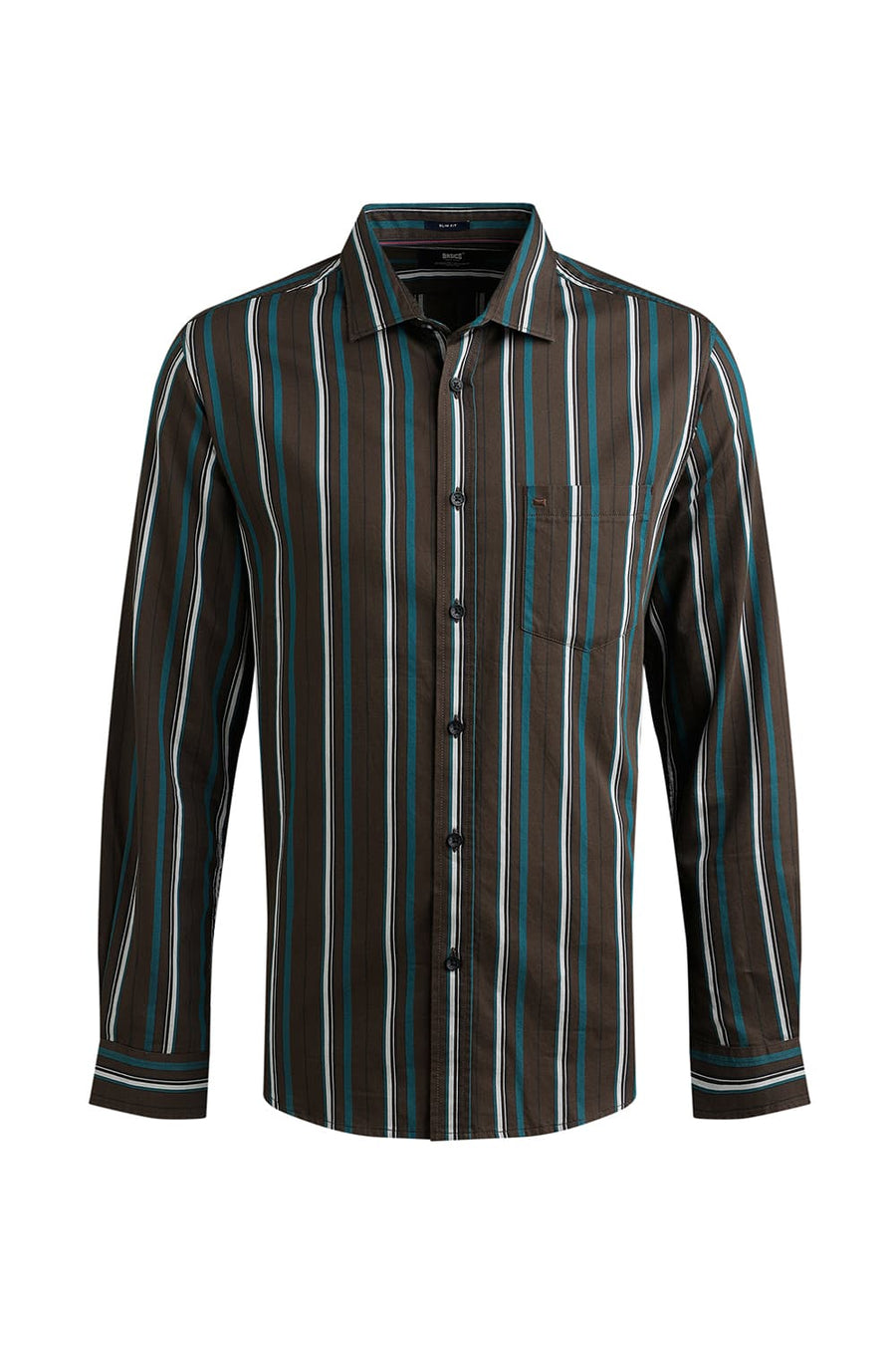 BASICS SLIM FIT DEEP OLIVE TWILL STRIPE SHIRT