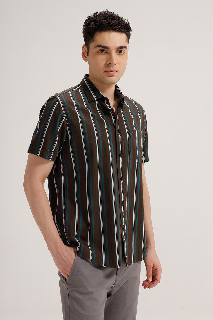 BASICS SLIM FIT DEEP OLIVE TWILL STRIPE HALFSLEEVES SHIRT