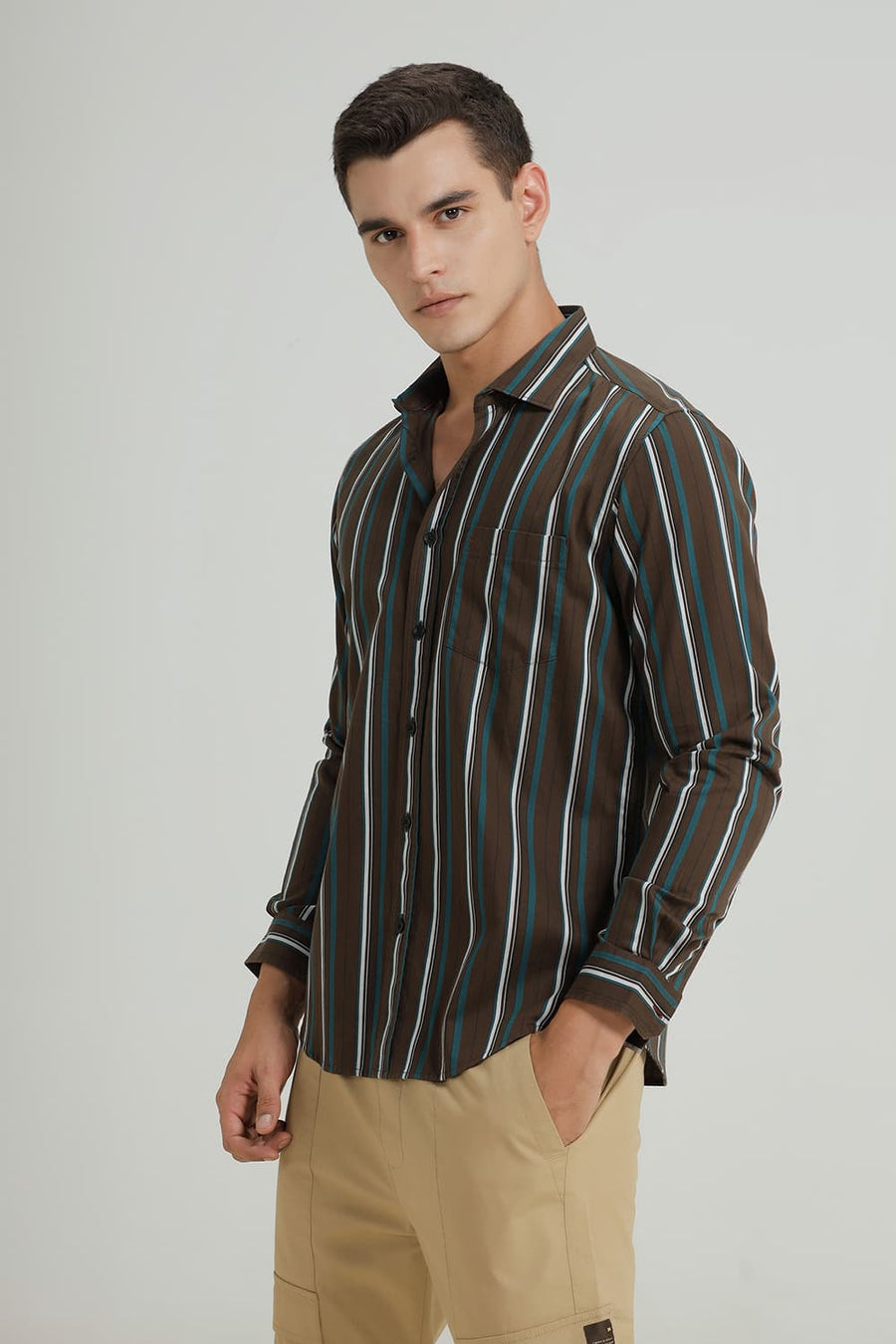 BASICS SLIM FIT DEEP OLIVE TWILL STRIPE SHIRT