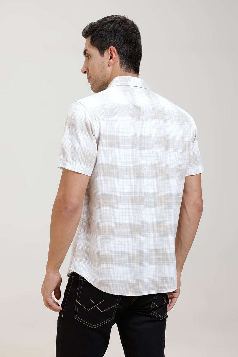 BASICS SLIM FIT WHITE GINGER COTTON LINEN CHECKS HALFSLEEVES SHIRT