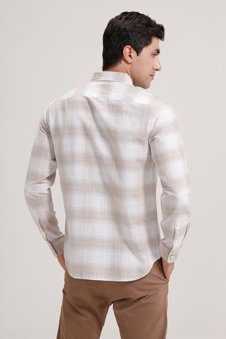 BASICS SLIM FIT WHITE GINGER COTTON LINEN CHECKS SHIRT