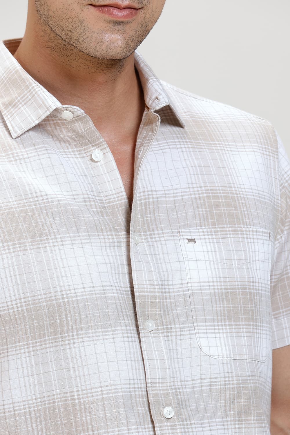 SLIM FIT COTTON LINEN CHECKS HALFSLEEVES SHIRT