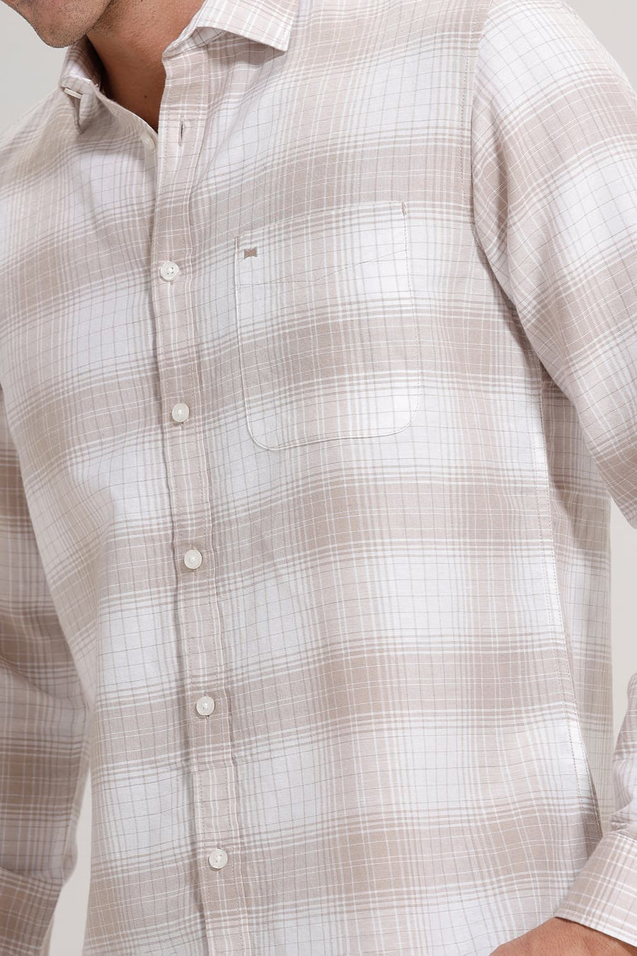 BASICS SLIM FIT WHITE GINGER COTTON LINEN CHECKS SHIRT