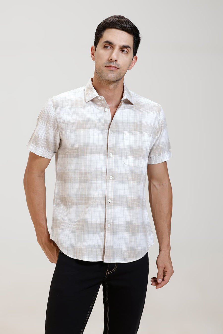 BASICS SLIM FIT WHITE GINGER COTTON LINEN CHECKS HALFSLEEVES SHIRT