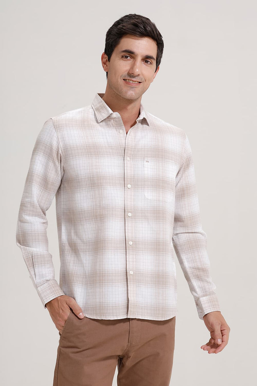 BASICS SLIM FIT WHITE GINGER COTTON LINEN CHECKS SHIRT
