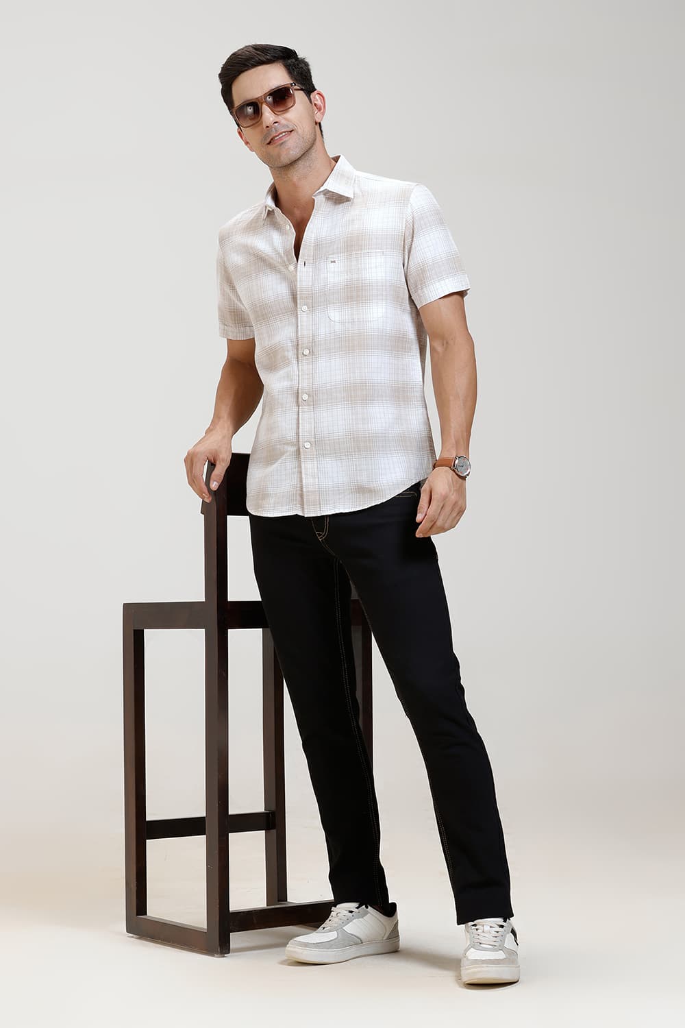 SLIM FIT COTTON LINEN CHECKS HALFSLEEVES SHIRT