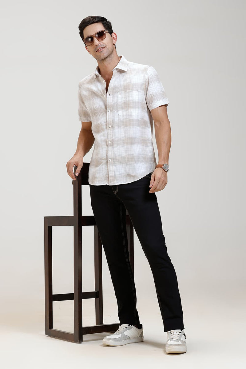 SLIM FIT COTTON LINEN CHECKS HALFSLEEVES SHIRT