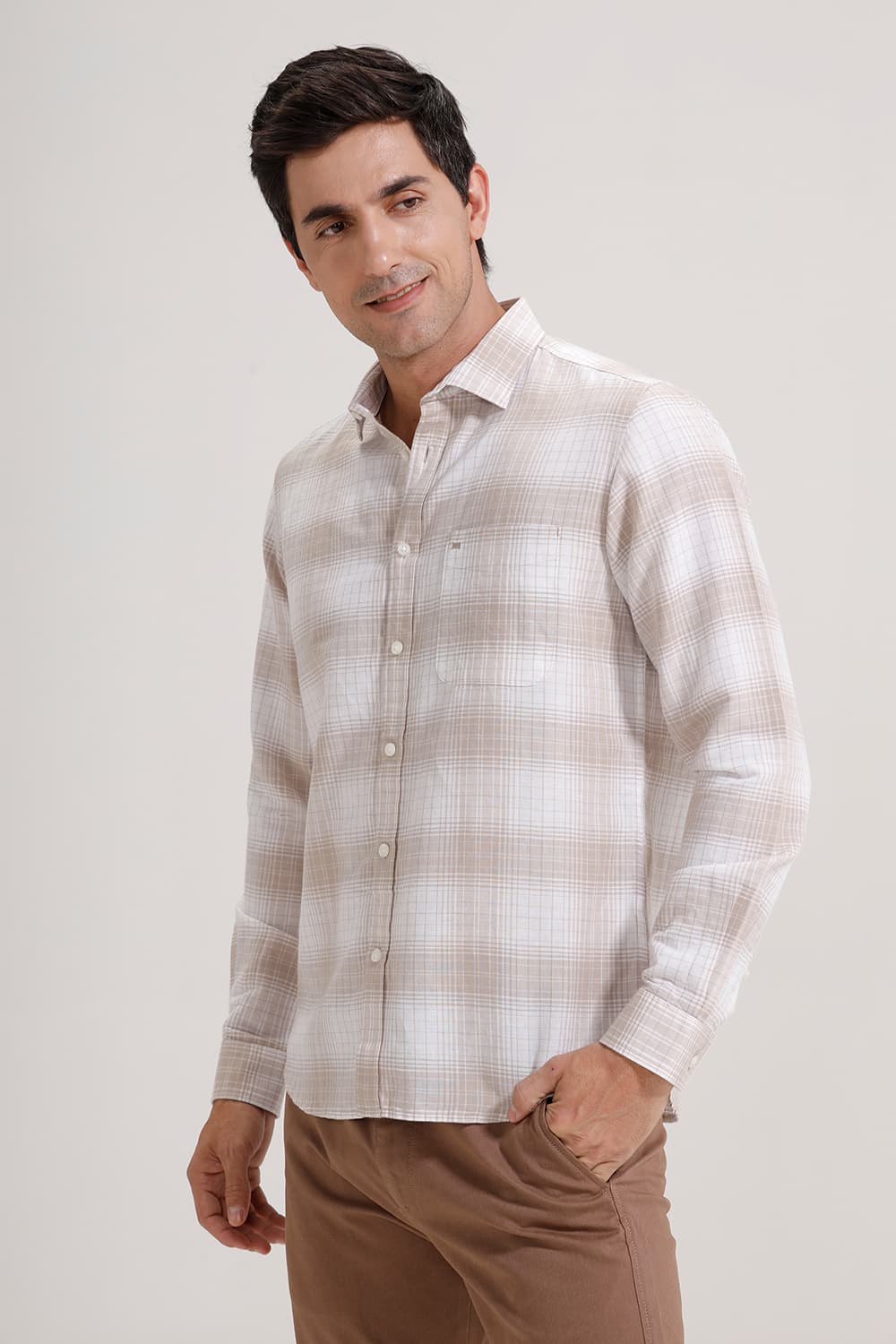 SLIM FIT COTTON LINEN CHECKS SHIRT