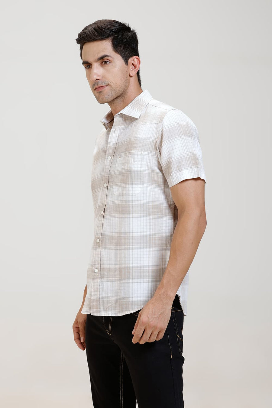 BASICS SLIM FIT WHITE GINGER COTTON LINEN CHECKS HALFSLEEVES SHIRT