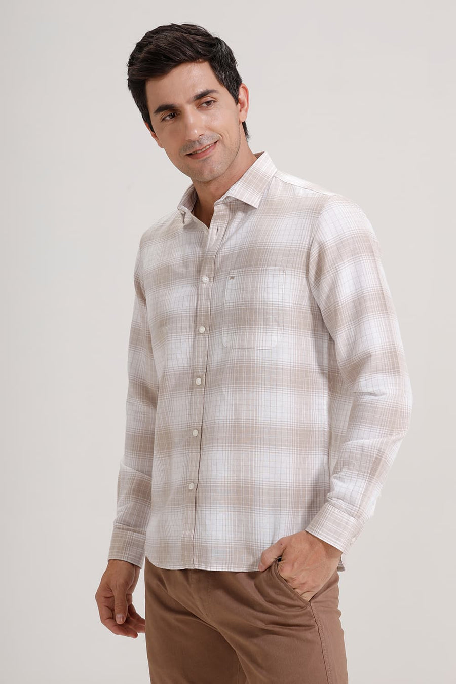 BASICS SLIM FIT WHITE GINGER COTTON LINEN CHECKS SHIRT