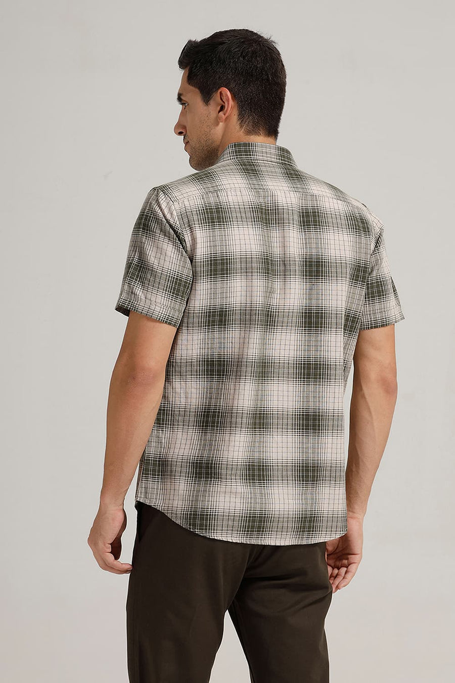 BASICS SLIM FIT FOREST OLIVE COTTON LINEN CHECKS HALFSLEEVES SHIRT
