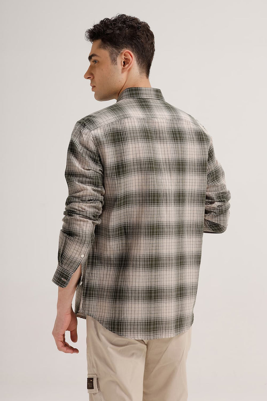 BASICS SLIM FIT FOREST OLIVE COTTON LINEN CHECKS SHIRT