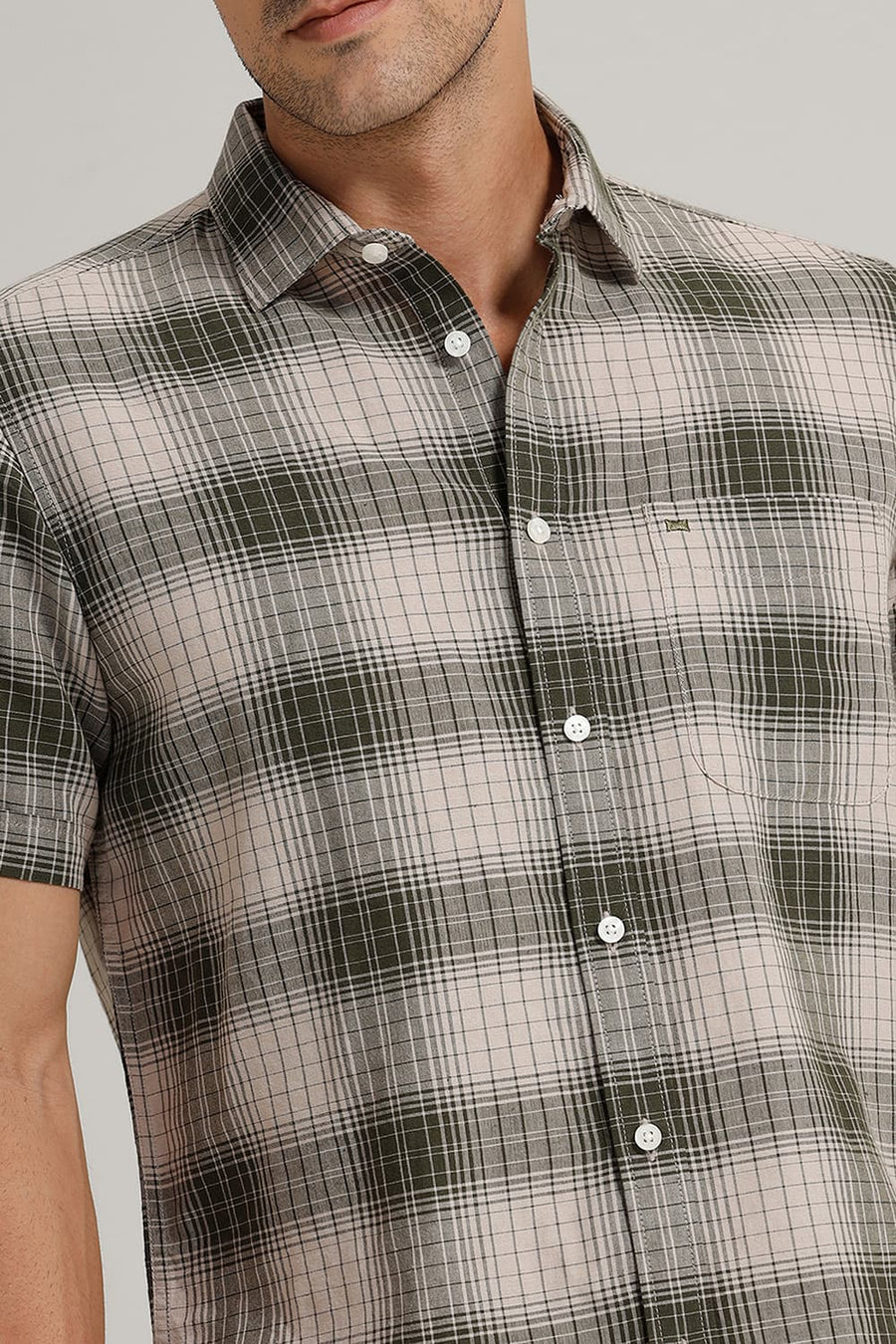 BASICS SLIM FIT FOREST OLIVE COTTON LINEN CHECKS HALFSLEEVES SHIRT