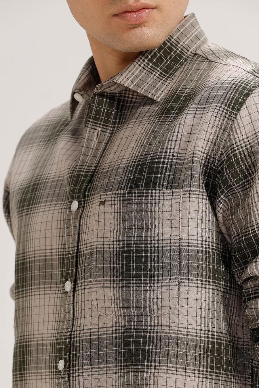 BASICS SLIM FIT FOREST OLIVE COTTON LINEN CHECKS SHIRT
