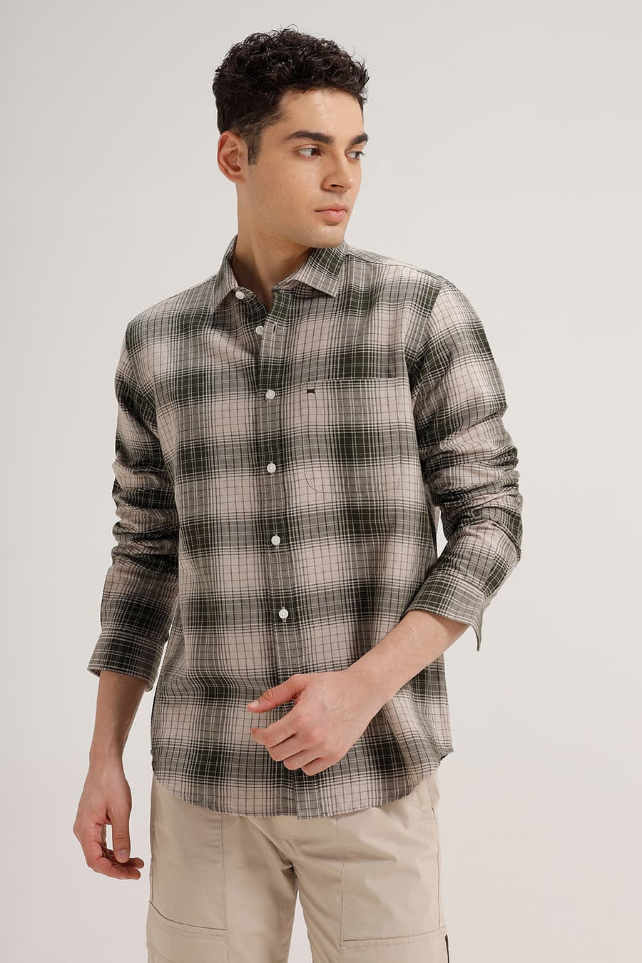 BASICS SLIM FIT FOREST OLIVE COTTON LINEN CHECKS SHIRT