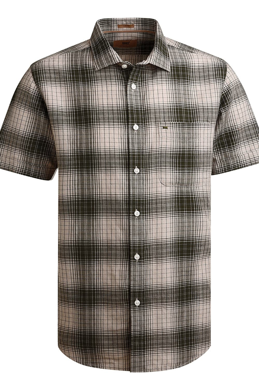 BASICS SLIM FIT FOREST OLIVE COTTON LINEN CHECKS HALFSLEEVES SHIRT