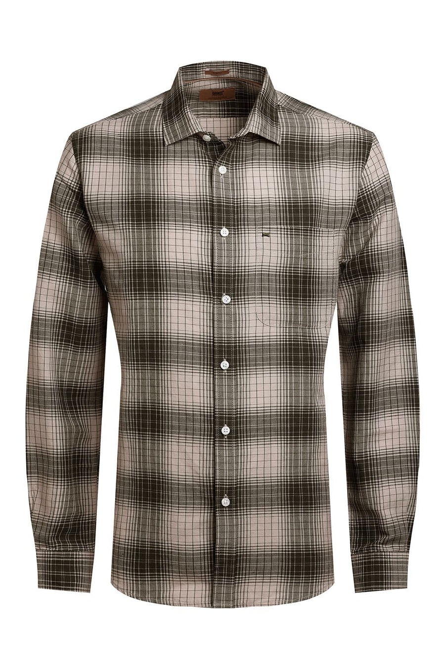 BASICS SLIM FIT FOREST OLIVE COTTON LINEN CHECKS SHIRT