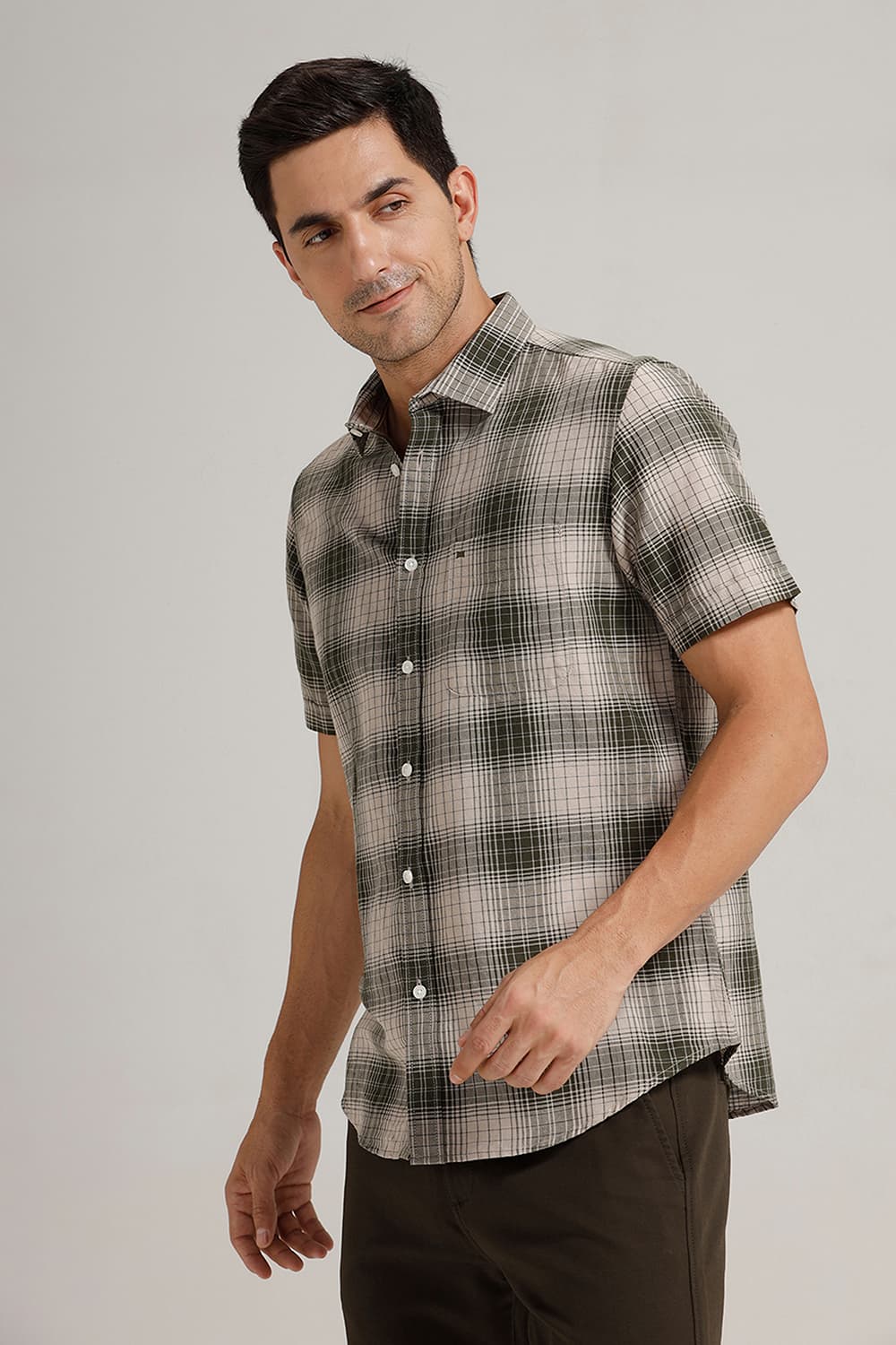 SLIM FIT COTTON LINEN CHECKS HALFSLEEVES SHIRT