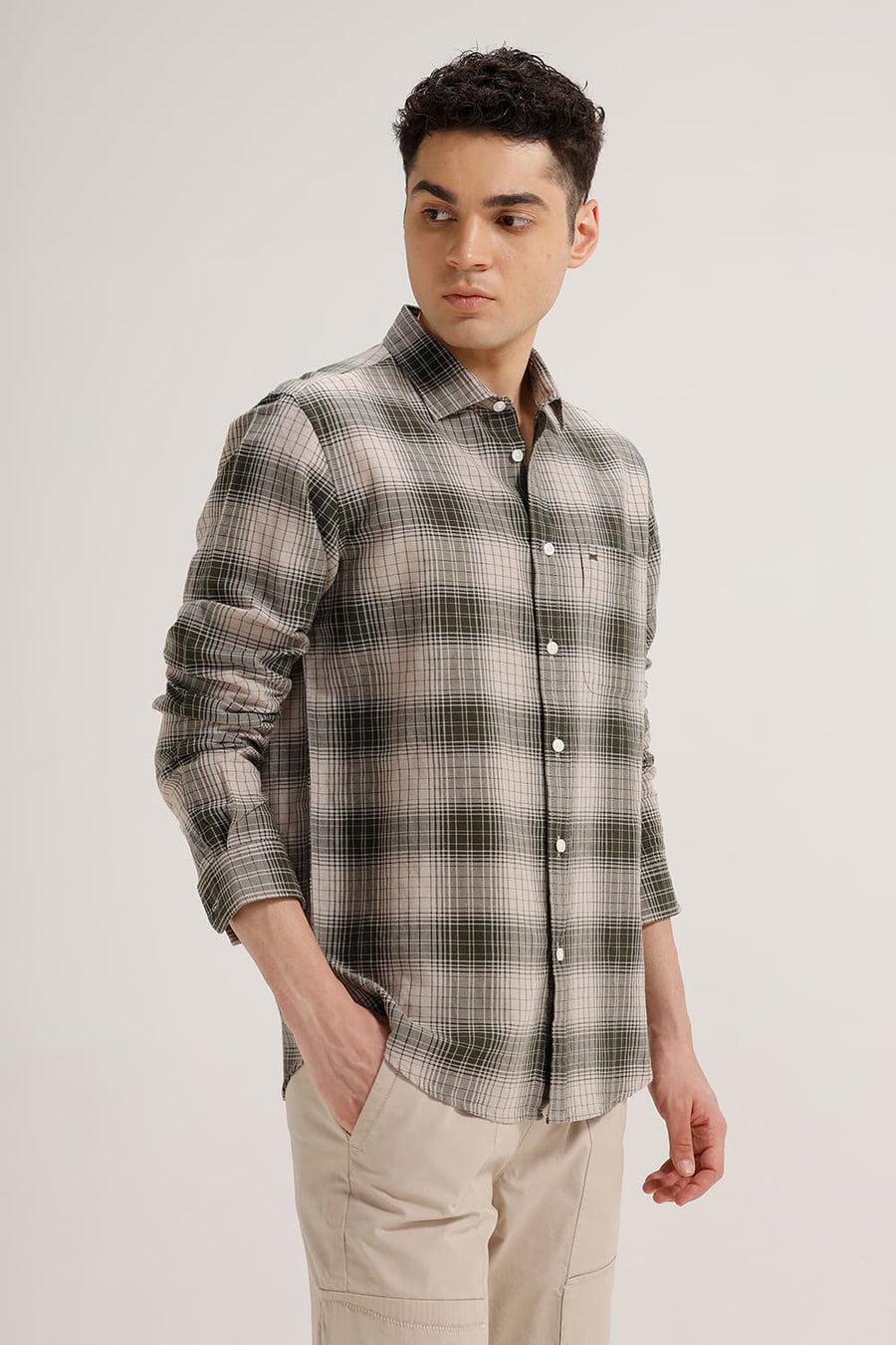 BASICS SLIM FIT FOREST OLIVE COTTON LINEN CHECKS SHIRT