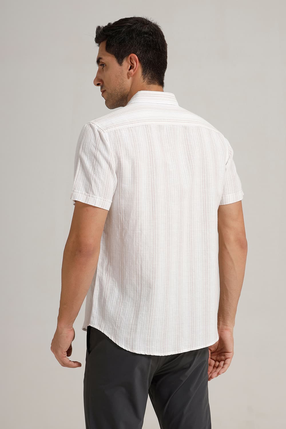 SLIM FIT COTTON LINEN STRIPE HALFSLEEVES SHIRT