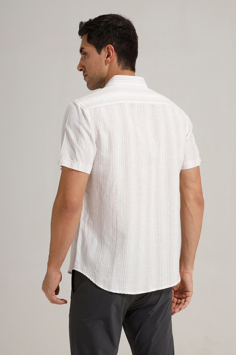 BASICS SLIM FIT OATMEAL WHITE COTTON LINEN STRIPE HALFSLEEVES SHIRT