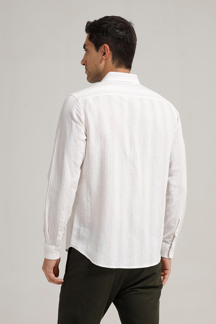 BASICS SLIM FIT OATMEAL WHITE COTTON LINEN STRIPE SHIRT