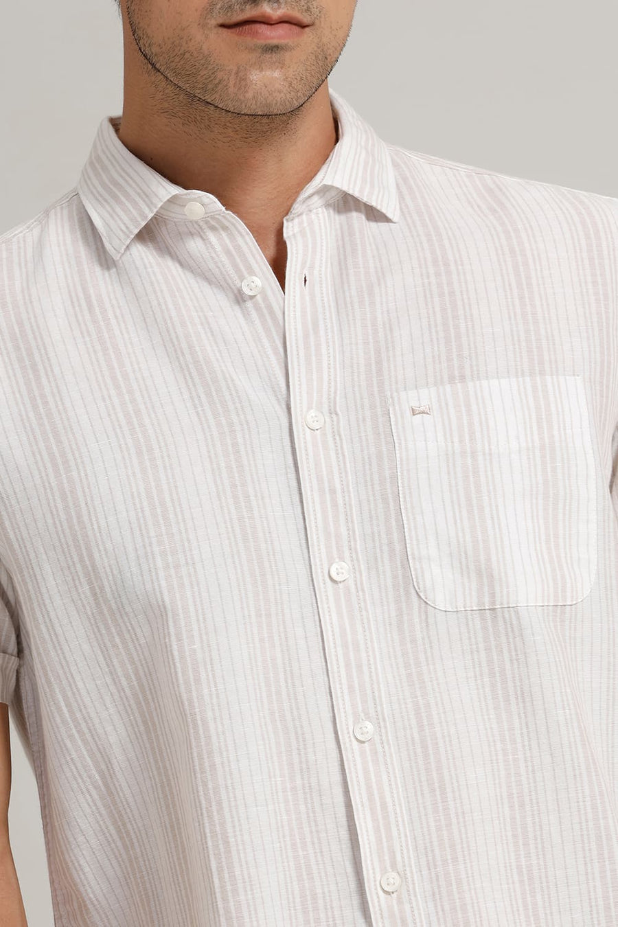 BASICS SLIM FIT OATMEAL WHITE COTTON LINEN STRIPE HALFSLEEVES SHIRT