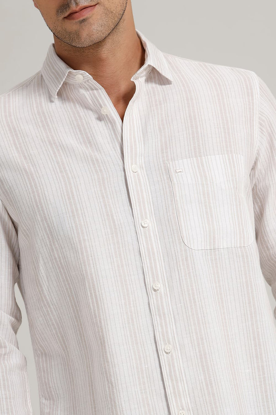 BASICS SLIM FIT OATMEAL WHITE COTTON LINEN STRIPE SHIRT