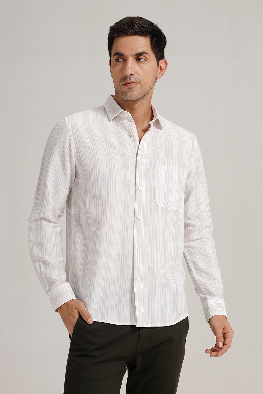 SLIM FIT COTTON LINEN STRIPE SHIRT
