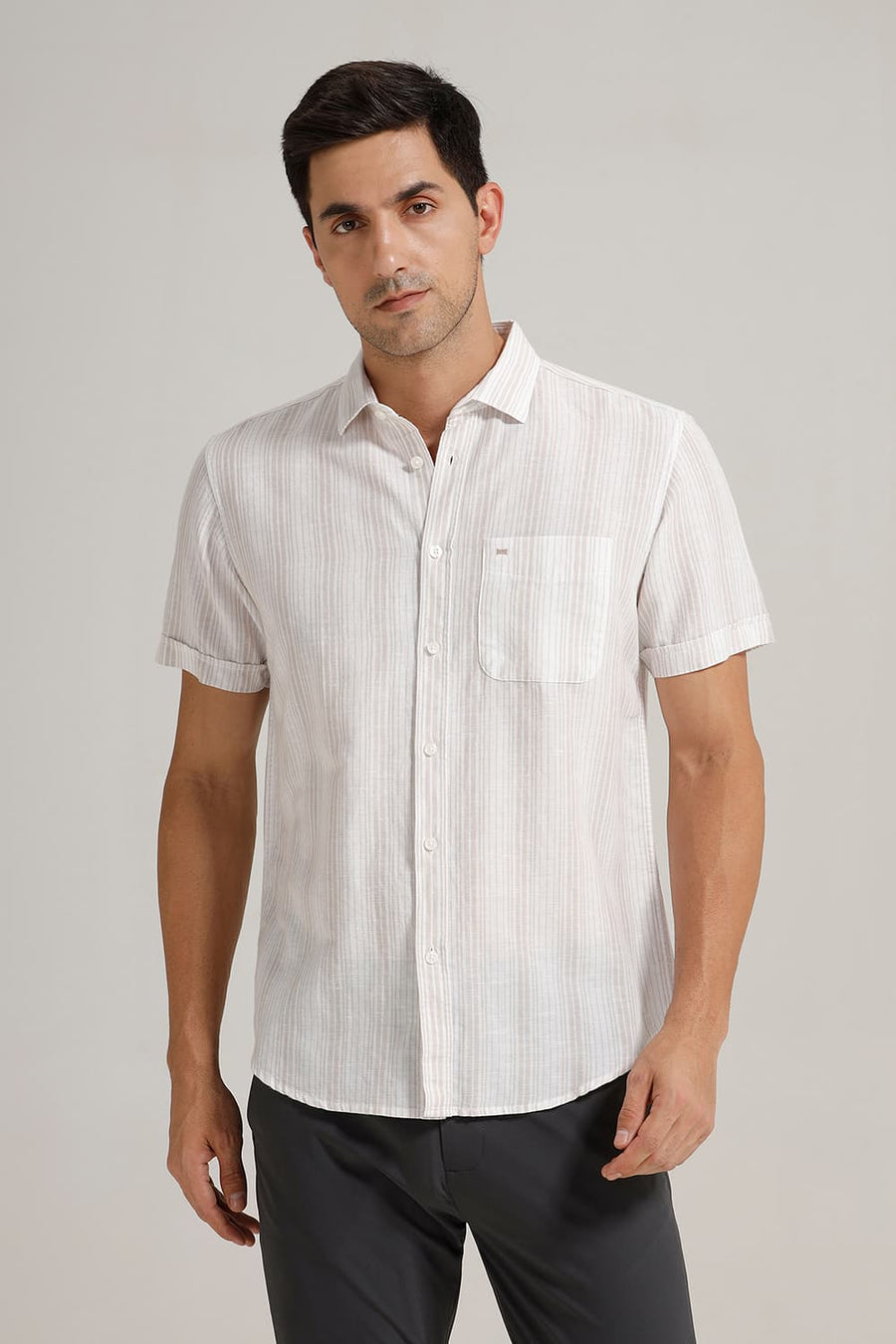BASICS SLIM FIT OATMEAL WHITE COTTON LINEN STRIPE HALFSLEEVES SHIRT