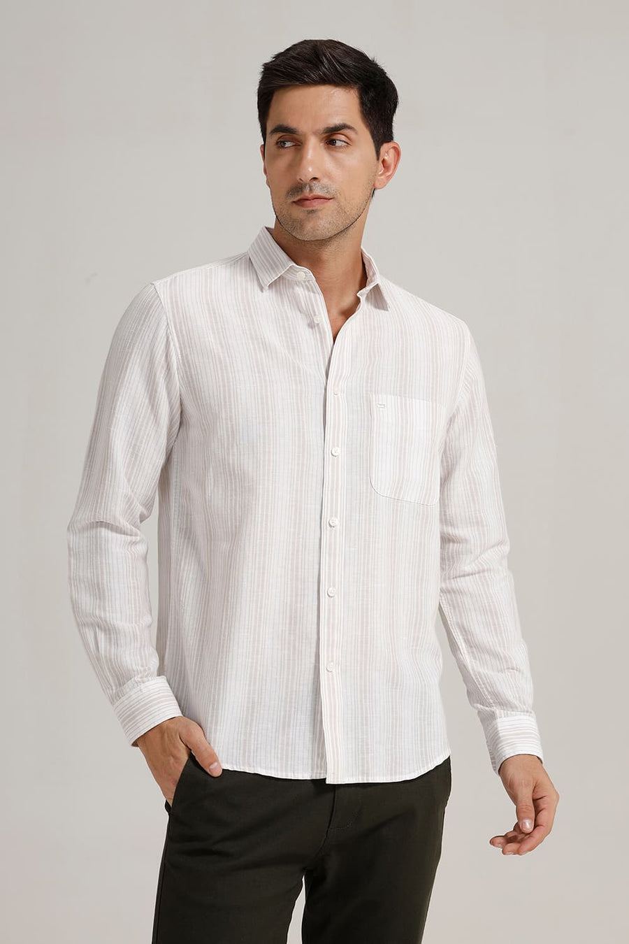 BASICS SLIM FIT OATMEAL WHITE COTTON LINEN STRIPE SHIRT