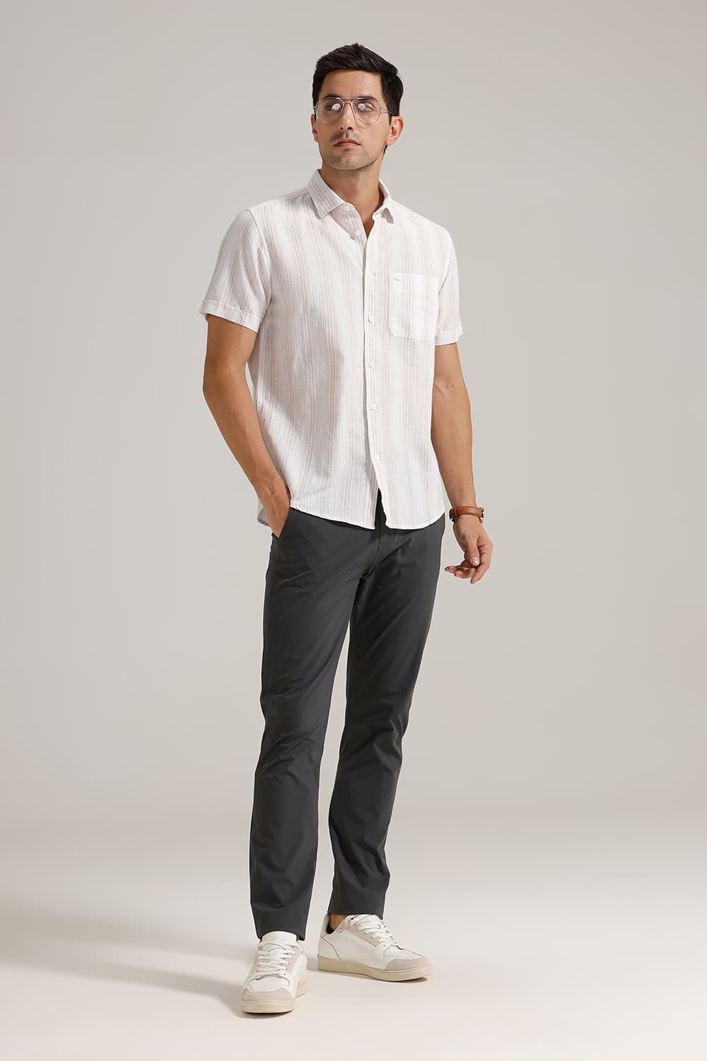SLIM FIT COTTON LINEN STRIPE HALFSLEEVES SHIRT