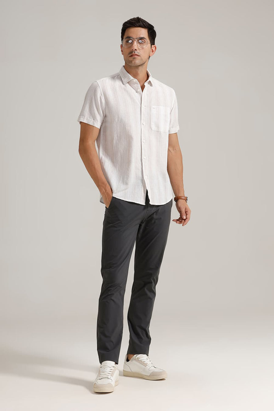 BASICS SLIM FIT OATMEAL WHITE COTTON LINEN STRIPE HALFSLEEVES SHIRT