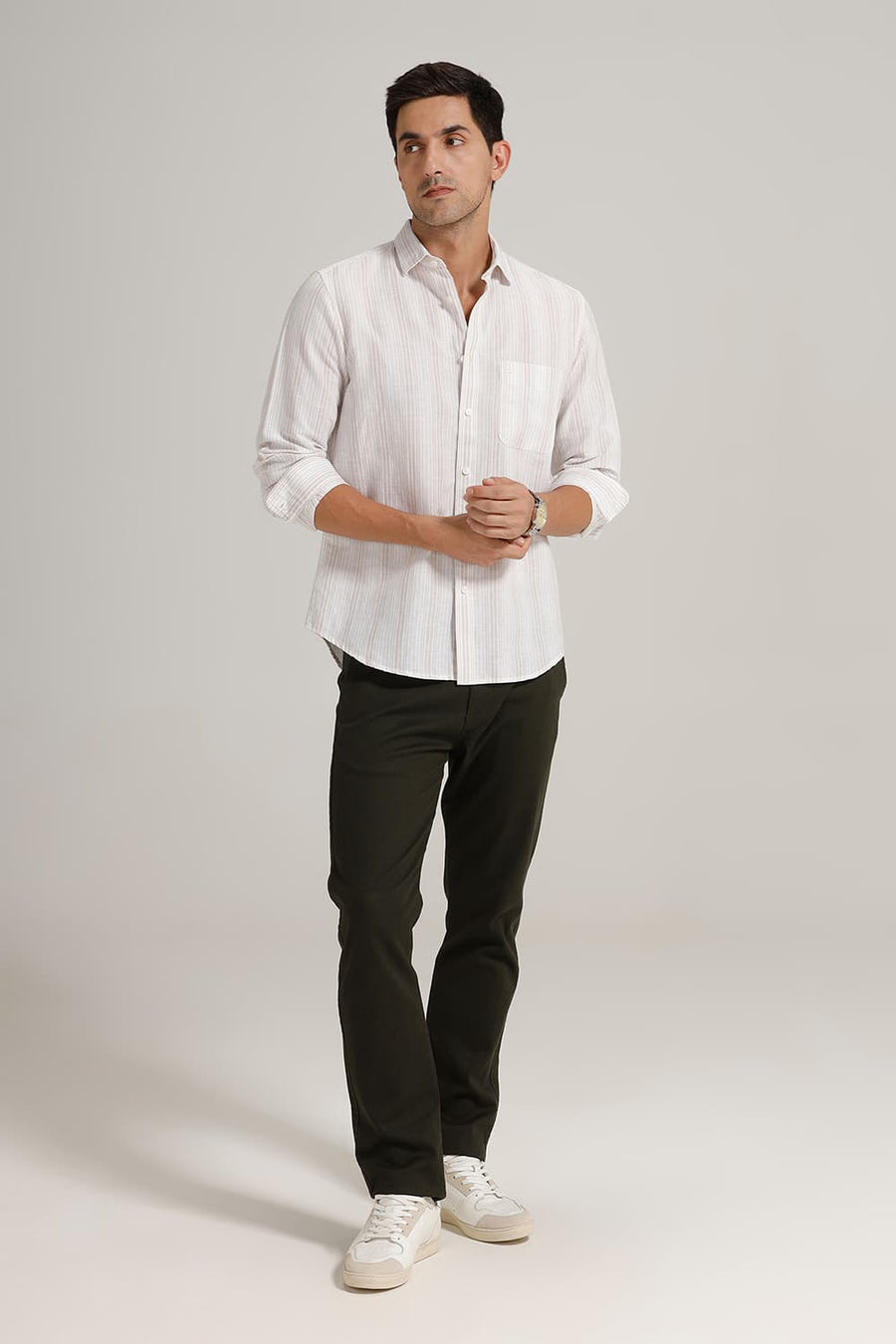 BASICS SLIM FIT OATMEAL WHITE COTTON LINEN STRIPE SHIRT