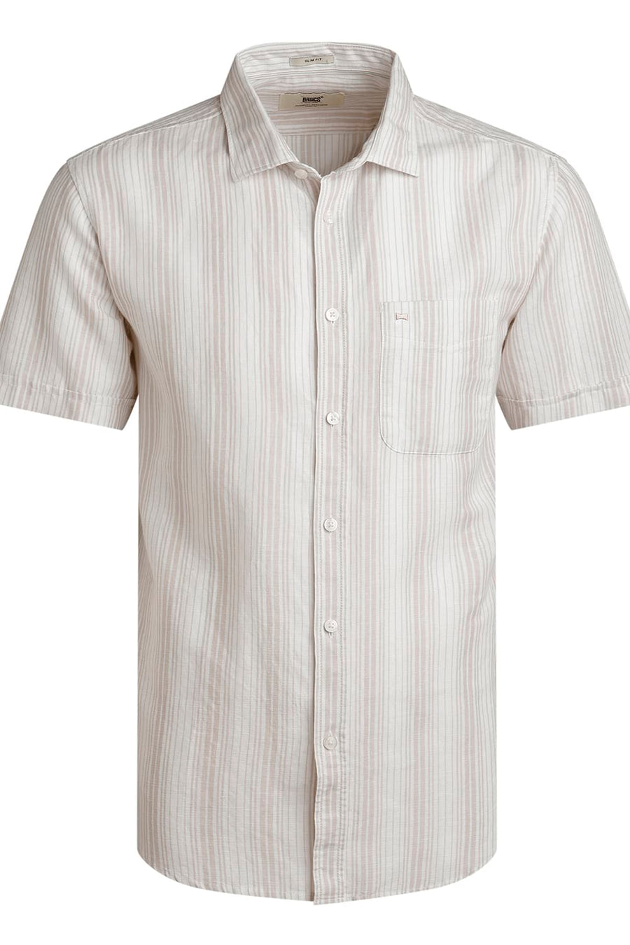 BASICS SLIM FIT OATMEAL WHITE COTTON LINEN STRIPE HALFSLEEVES SHIRT