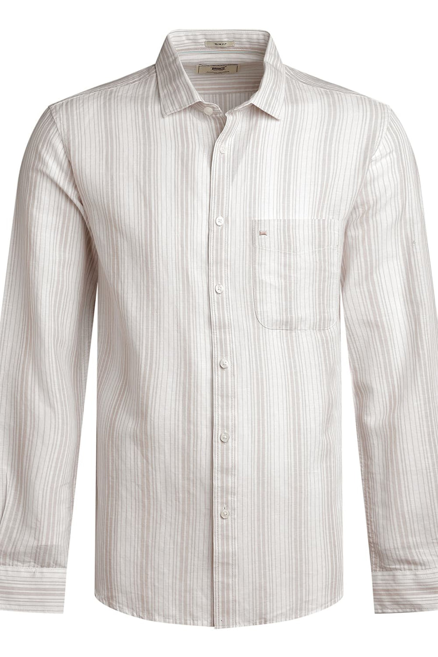 BASICS SLIM FIT OATMEAL WHITE COTTON LINEN STRIPE SHIRT