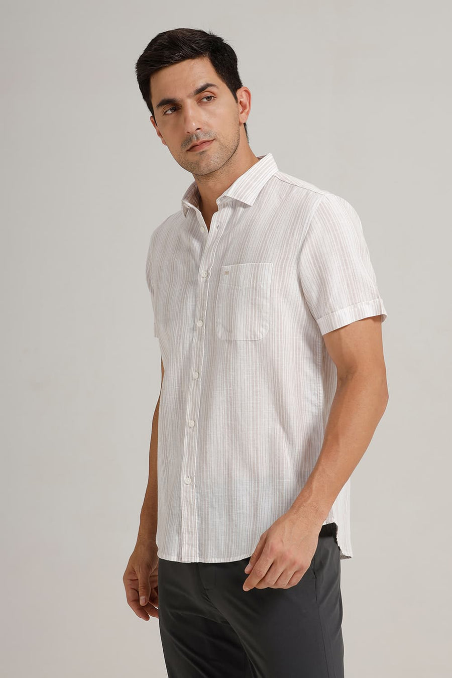 BASICS SLIM FIT OATMEAL WHITE COTTON LINEN STRIPE HALFSLEEVES SHIRT