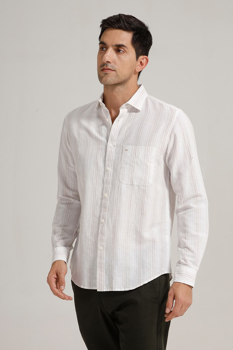 BASICS SLIM FIT OATMEAL WHITE COTTON LINEN STRIPE SHIRT